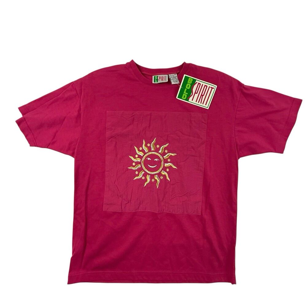 Vintage Bold Spirit Embroidered Sun T-Shirt Women Small Pink 90s NEW Deadstock